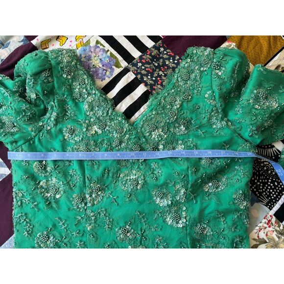 Vintage Fully Beaded Gown Mother of Bride Dress Glam Sequin Regal Green Large - Picture 6 of 7